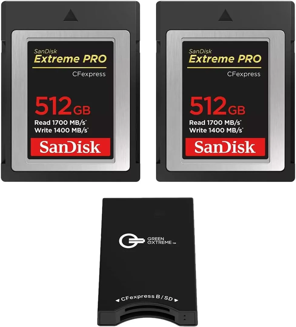 SanDisk Extreme PRO 512GB CFexpress Type-B Memory Card, 2-Pack, Bundle with Green Extreme Dual-Slot Memory Card Reader
