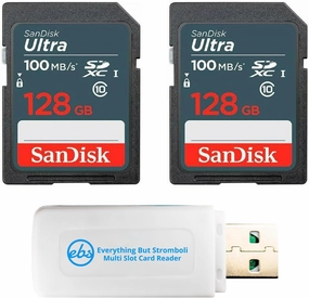 SanDisk (2 Pack) 128GB Ultra SD Memory Card 100MB/s Class 10 UHS-I SDXC (SDSDUNR-128G-GN3IN) Bundle with 1 Everything But Stromboli Multi-Slot Memory Card Reader