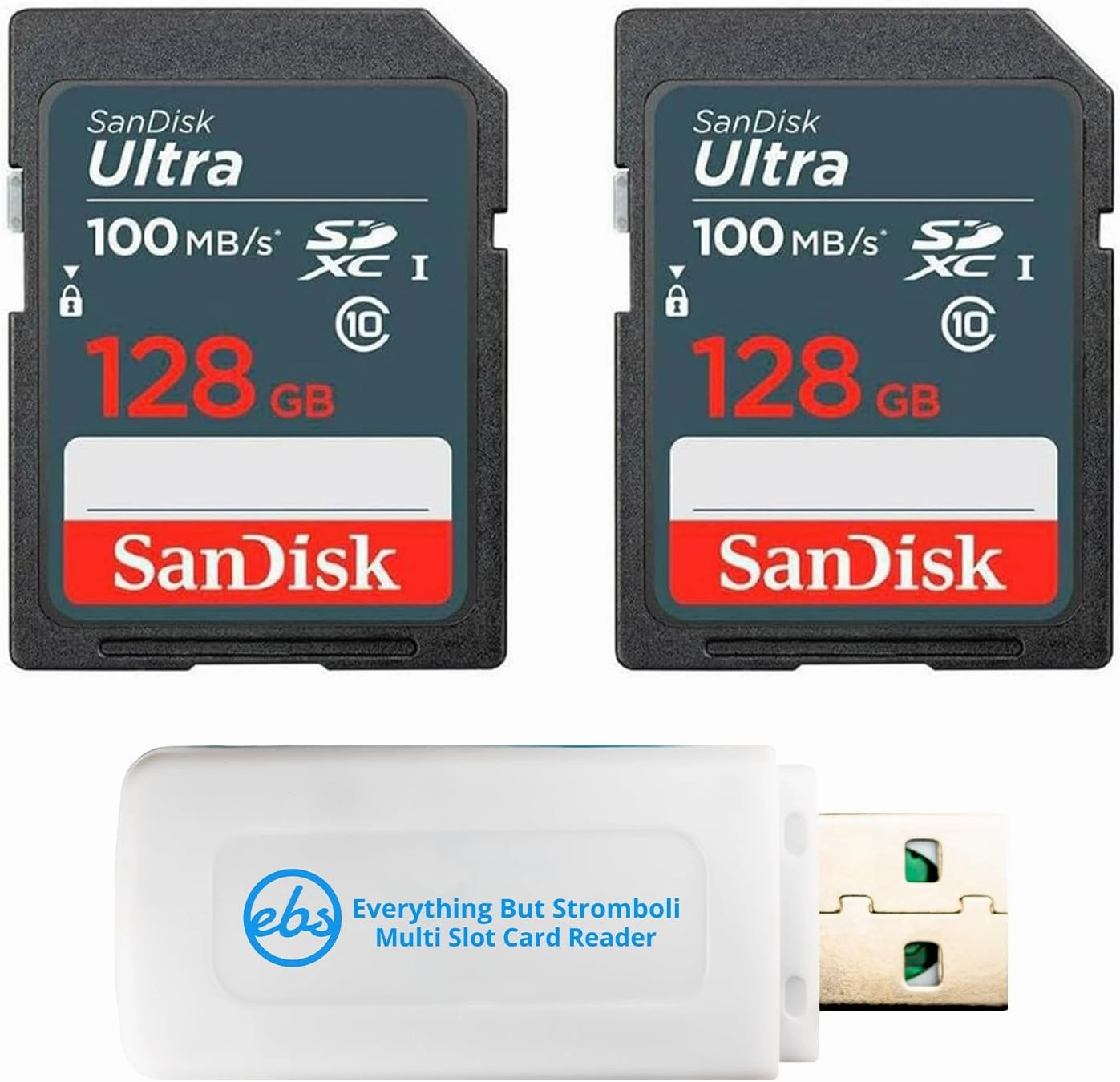 SanDisk (2 Pack) 128GB Ultra SD Memory Card 100MB/s Class 10 UHS-I SDXC (SDSDUNR-128G-GN3IN) Bundle with 1 Everything But Stromboli Multi-Slot Memory Card Reader
