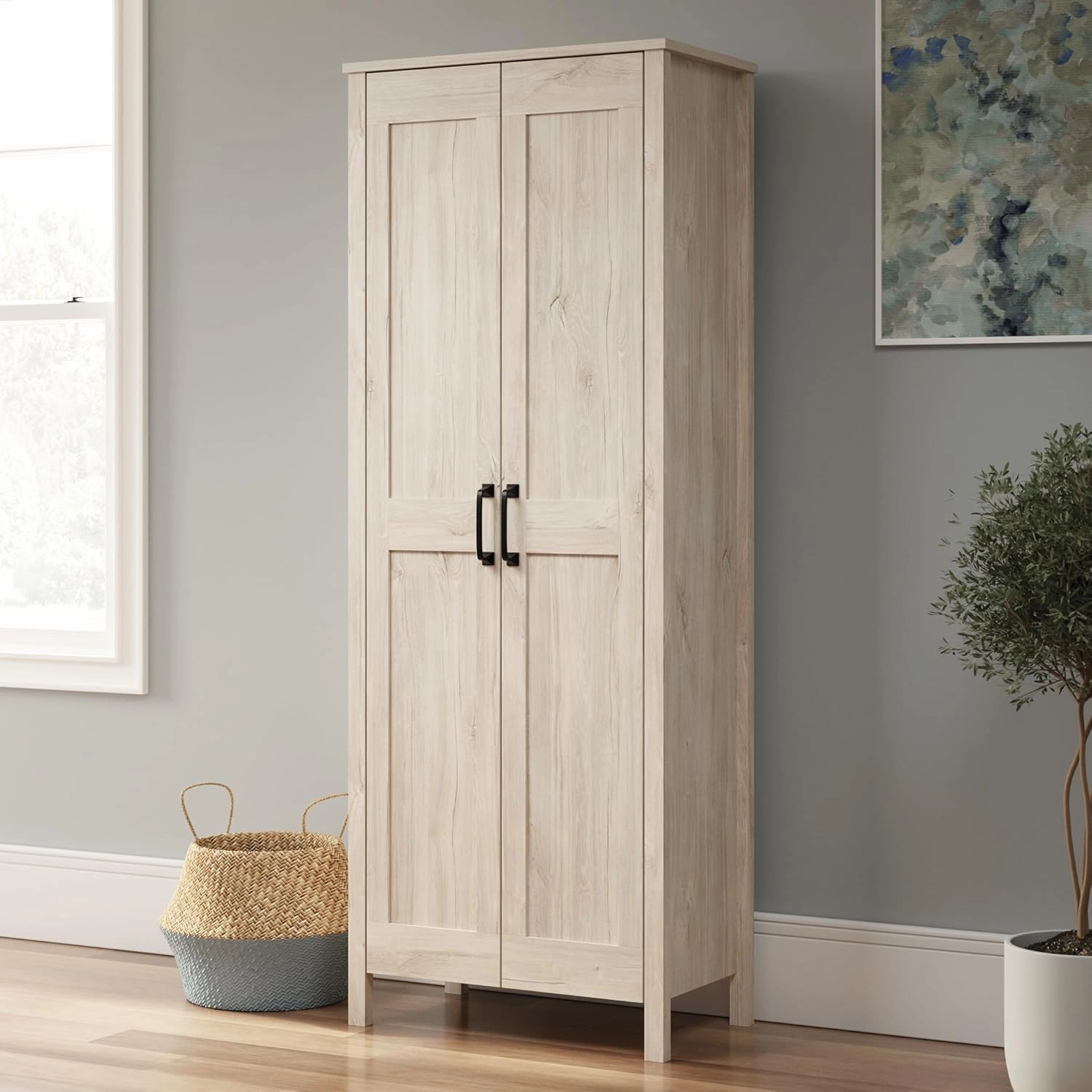 Sauder 2-Door Storage Cabinet, Tall Wooden Organizer, in a Chalk Oak Finish