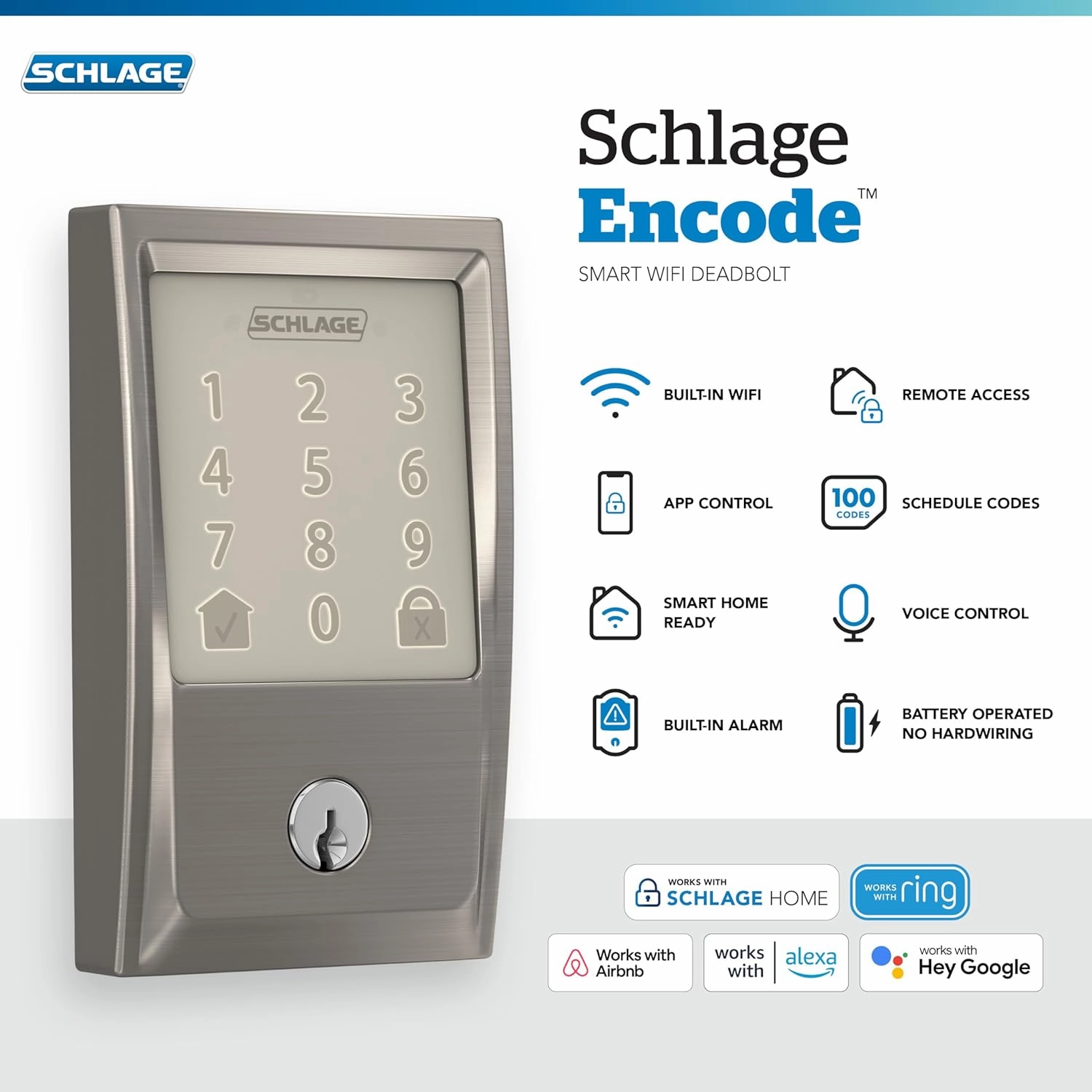 Schlage Encode Smart WiFi Deadbolt Lock for Front Door - Keyless Entry with App or Touchscreen - Works with Alexa, Apple HomeKit, Hey Google, & Airbnb - Create Codes for Guests - Satin Nickel Silver