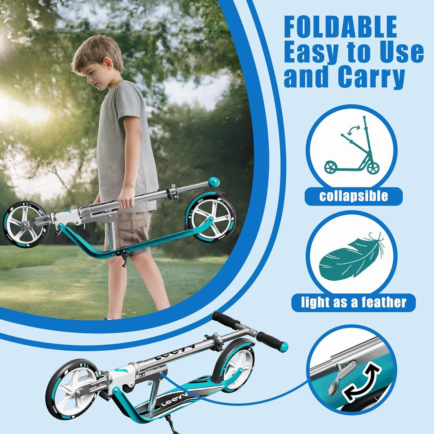 Scooter for Kids 6-12 & Adults | Adjustable Height, Foldable, Lightweight Aluminum Frame | Holds Up to 240lbs | Smooth Ride on Any Terrain