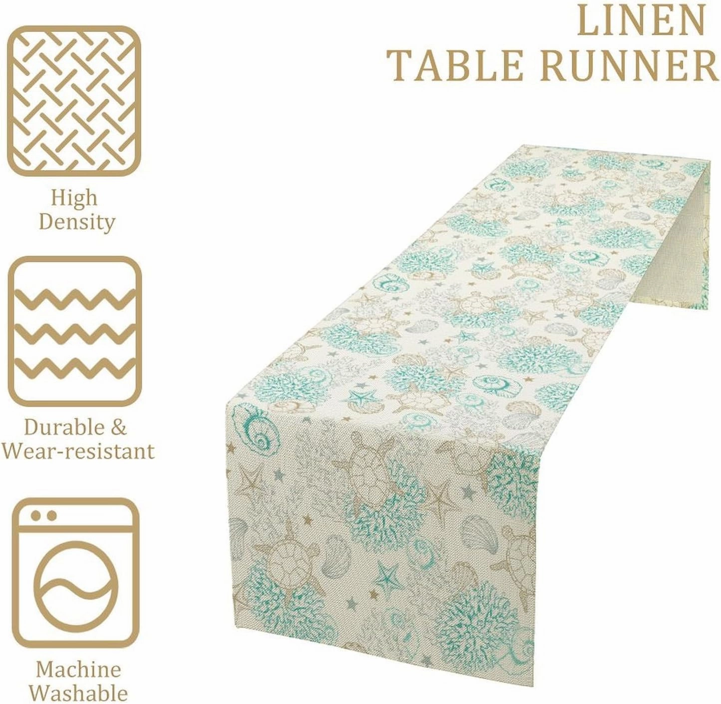 Seashell Table Runner, Ocean Sea Turtle Coral Shell Starfish Printed Pattern, Rectangle Scarf for Dining Room Kitchen Table Setting Decor 13in(33cm) W * 60in(152cm) L