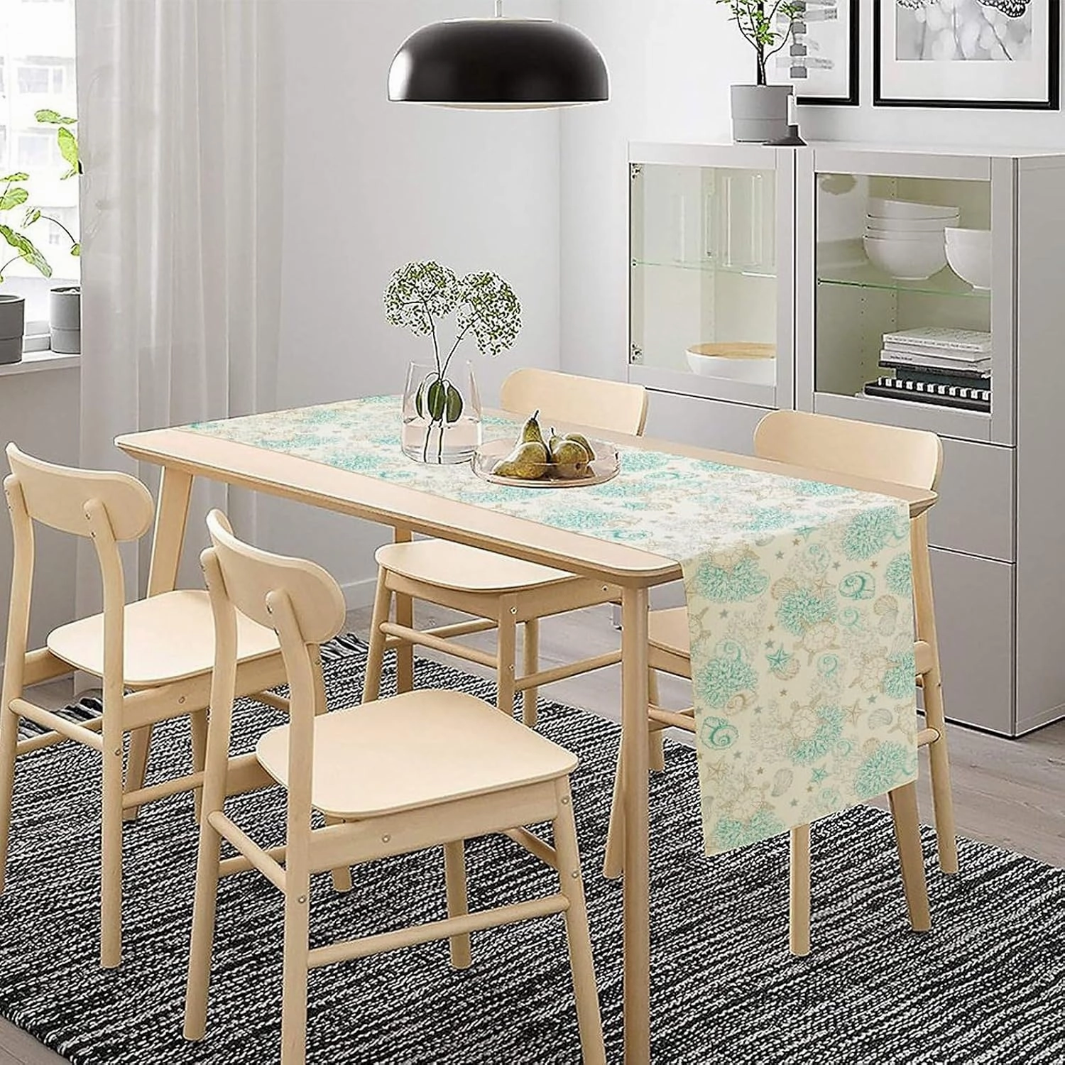 Seashell Table Runner, Ocean Sea Turtle Coral Shell Starfish Printed Pattern, Rectangle Scarf for Dining Room Kitchen Table Setting Decor 13in(33cm) W * 60in(152cm) L