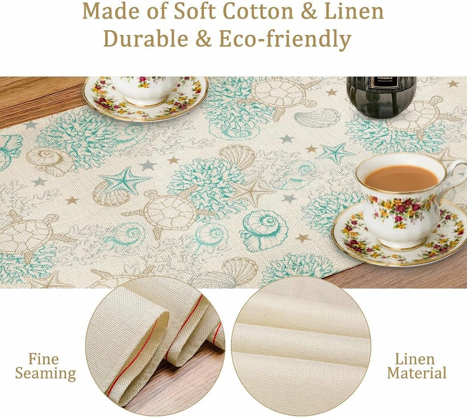 Seashell Table Runner, Ocean Sea Turtle Coral Shell Starfish Printed Pattern, Rectangle Scarf for Dining Room Kitchen Table Setting Decor 13in(33cm) W * 60in(152cm) L