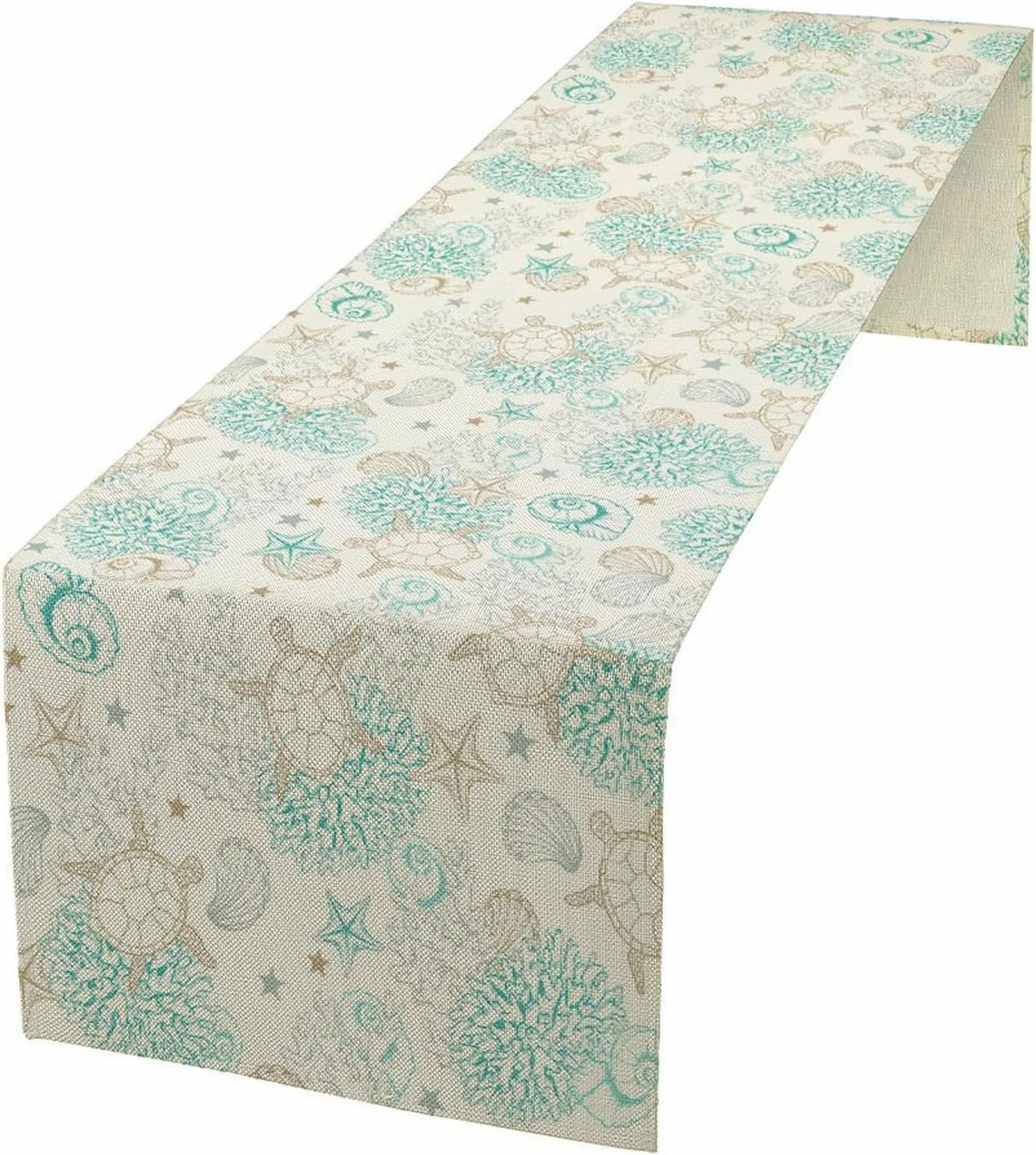 Seashell Table Runner, Ocean Sea Turtle Coral Shell Starfish Printed Pattern, Rectangle Scarf for Dining Room Kitchen Table Setting Decor 13in(33cm) W * 60in(152cm) L