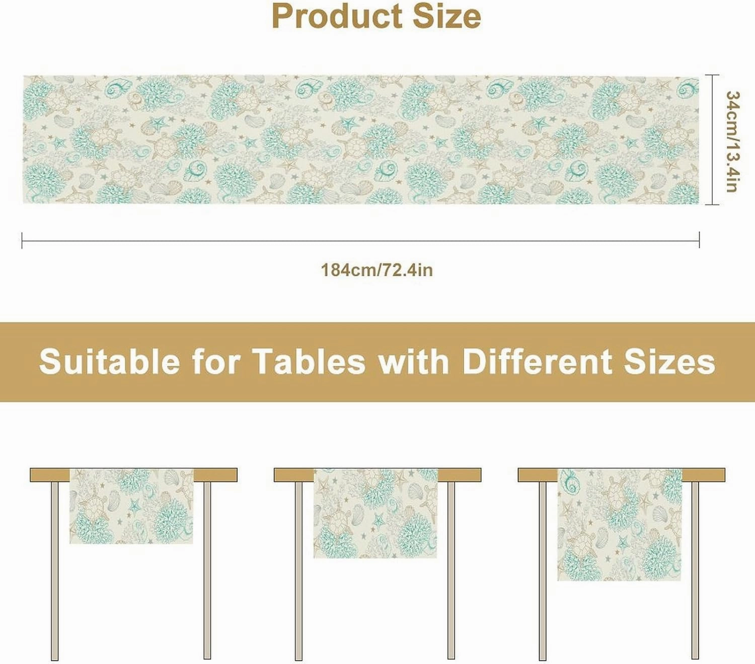 Seashell Table Runner, Ocean Sea Turtle Coral Shell Starfish Printed Pattern, Rectangle Scarf for Dining Room Kitchen Table Setting Decor 13in(33cm) W * 60in(152cm) L