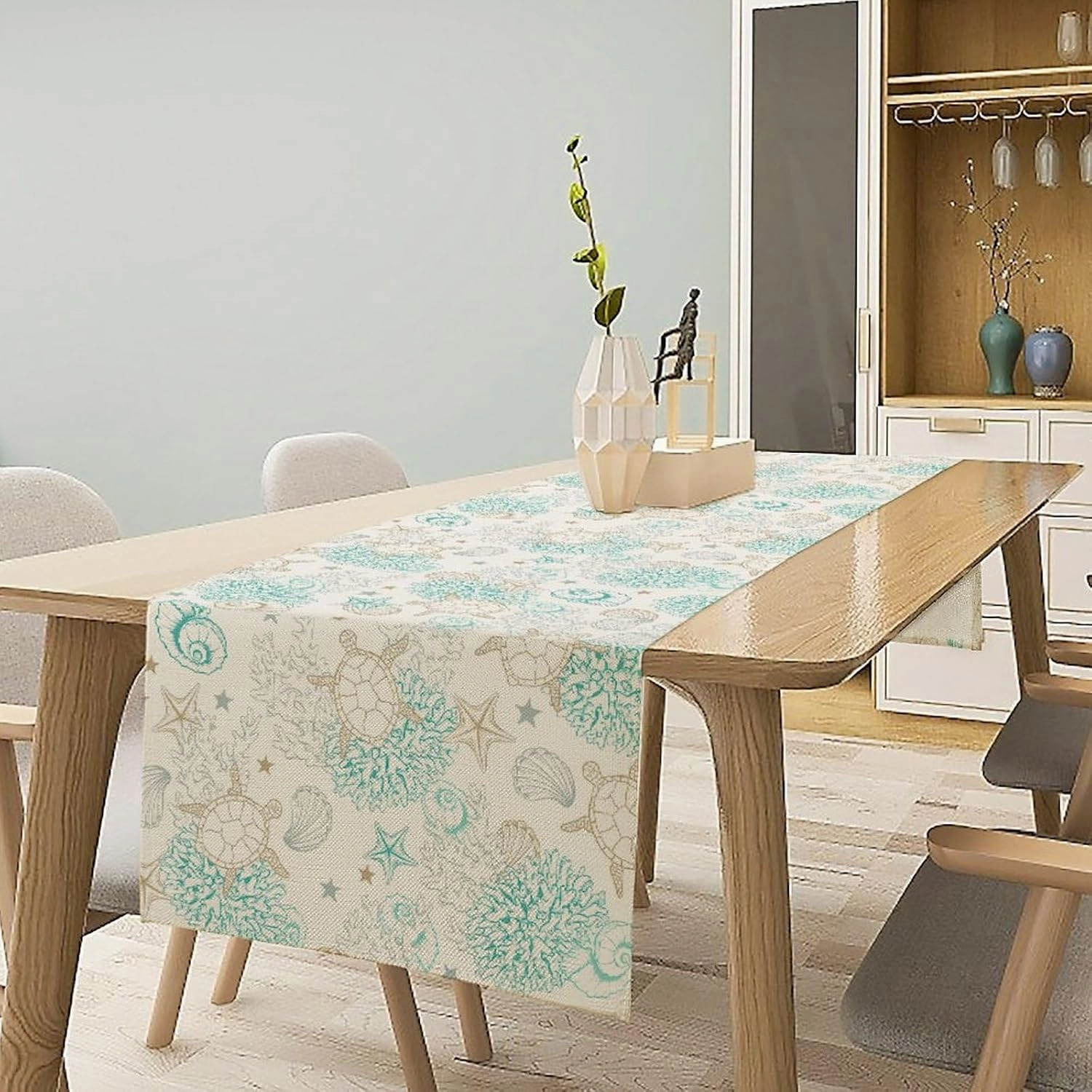 Seashell Table Runner, Ocean Sea Turtle Coral Shell Starfish Printed Pattern, Rectangle Scarf for Dining Room Kitchen Table Setting Decor 13in(33cm) W * 60in(152cm) L