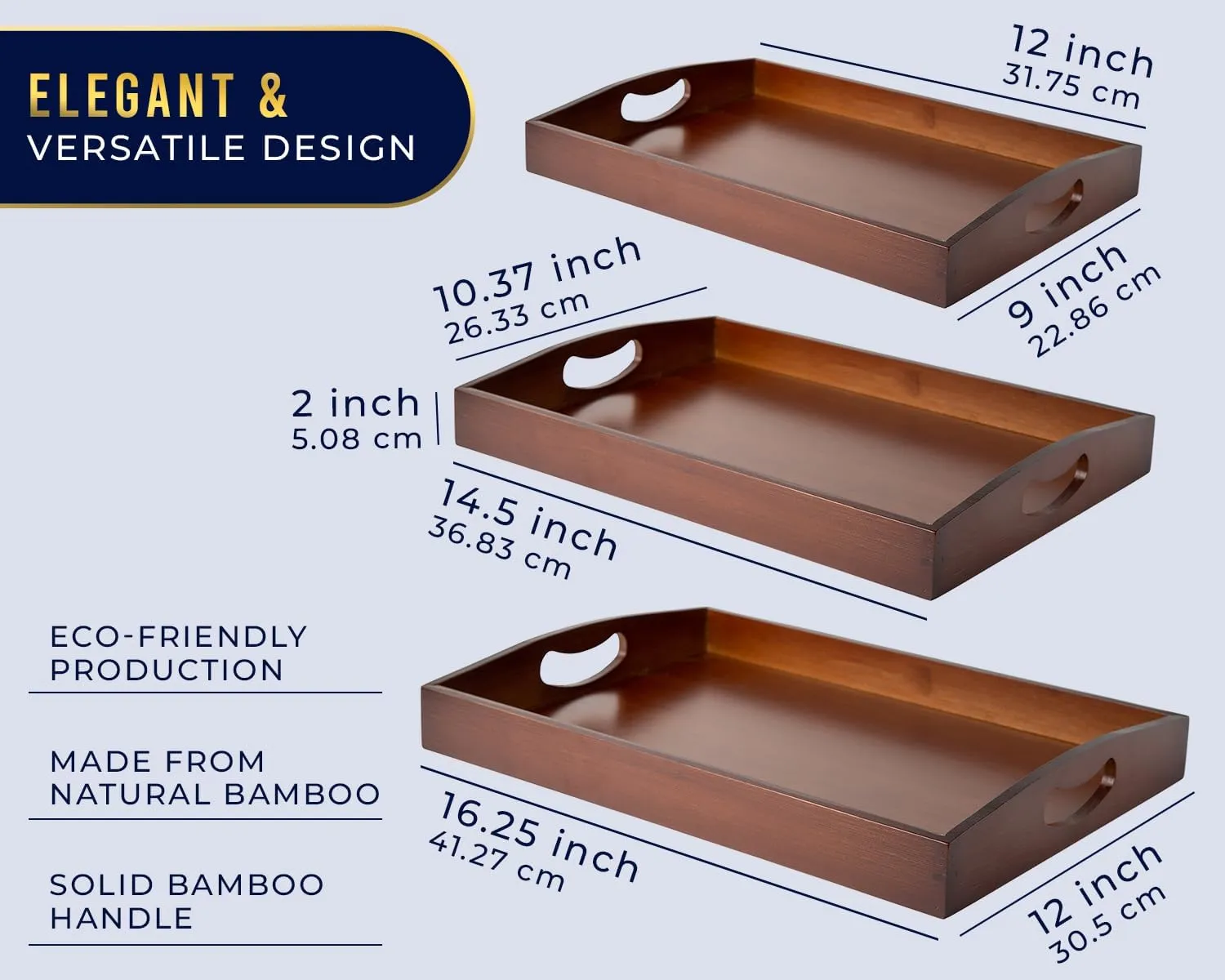 Set of 3 Bamboo Serving Trays - Ottoman Trays for Entertainment, Food and Décor - Clean, Minimal Design - Brown Finish