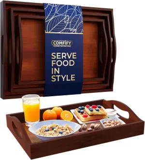 Set of 3 Bamboo Serving Trays - Ottoman Trays for Entertainment, Food and Décor - Clean, Minimal Design - Brown Finish