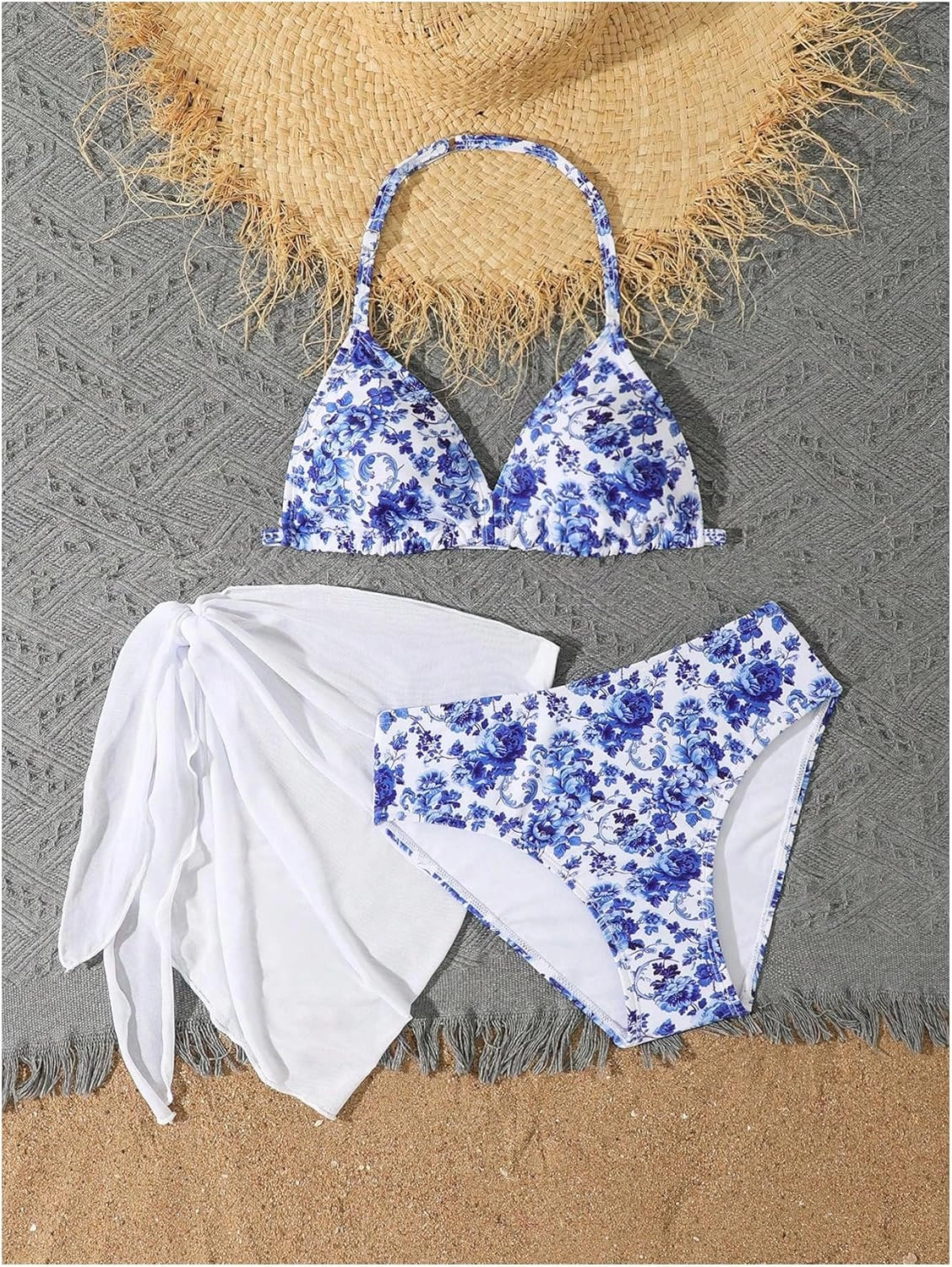 SHENHE Girl's 3 Piece Cute Halter Triangle Bikini Swimsuit with Beach Cover Up