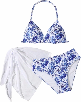 SHENHE Girl's 3 Piece Cute Halter Triangle Bikini Swimsuit with Beach Cover Up