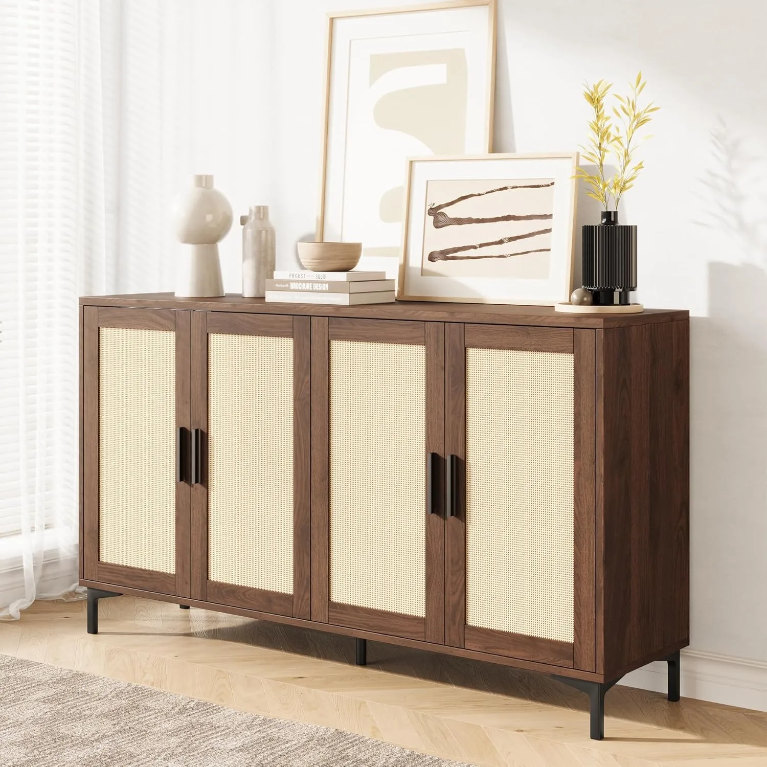 Sideboard - Kitchen Buffet Cabinet with Rattan Decorated Doors, Accent Sideboard Cabinet with Doors, Coffee Bar Cabinet Rattan Sideboard Buffet Cabinet with Storage