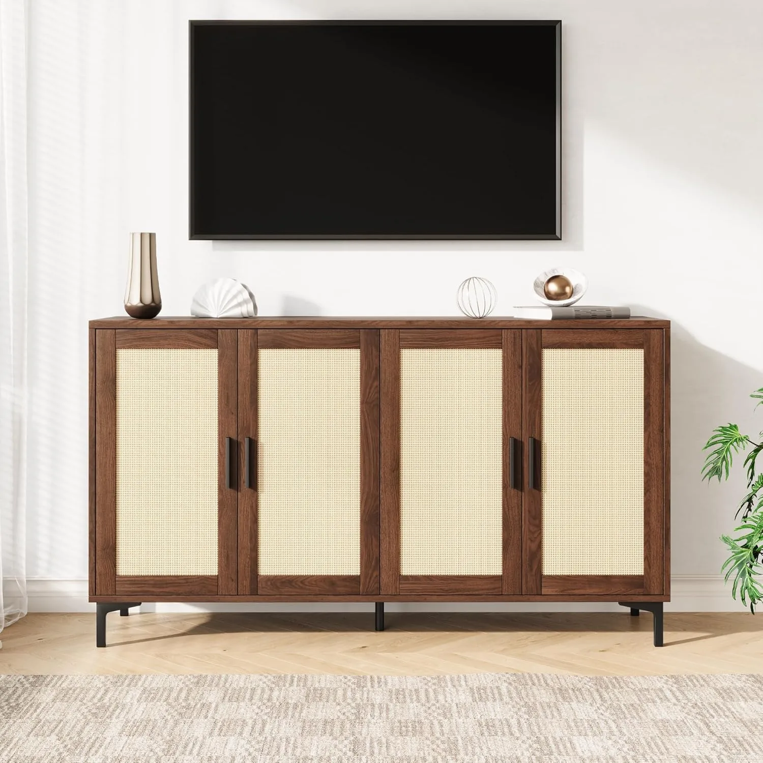 Sideboard - Kitchen Buffet Cabinet with Rattan Decorated Doors, Accent Sideboard Cabinet with Doors, Coffee Bar Cabinet Rattan Sideboard Buffet Cabinet with Storage