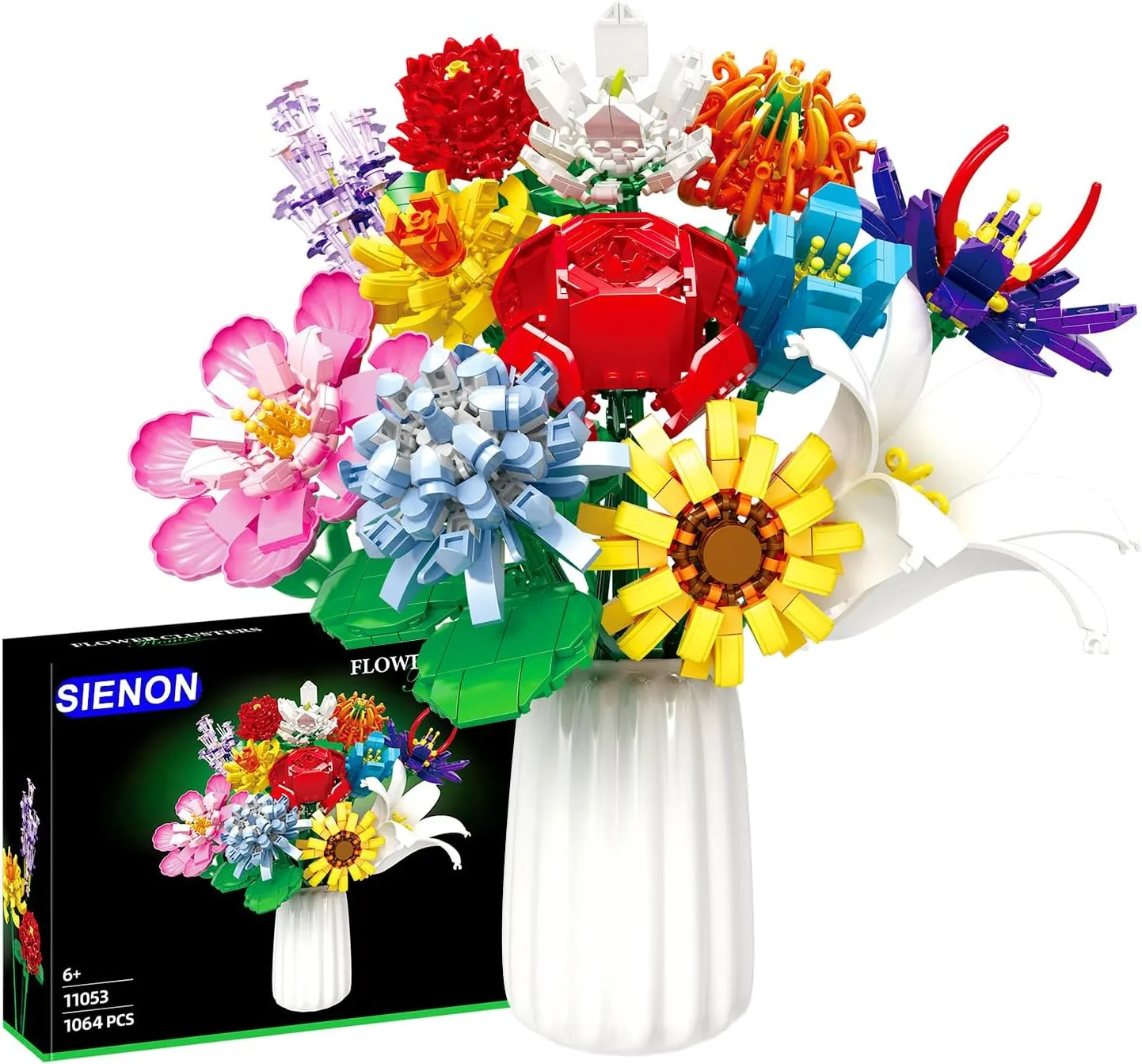 SIENON Flower Bouquet Building Blocks Set-1064PCS, 12 Kinds of Flowers Botanical Collection, Assorted Flowers Brick Toys Creative Project for Home Room Decoration Valentines’ Day Christmas Birthday