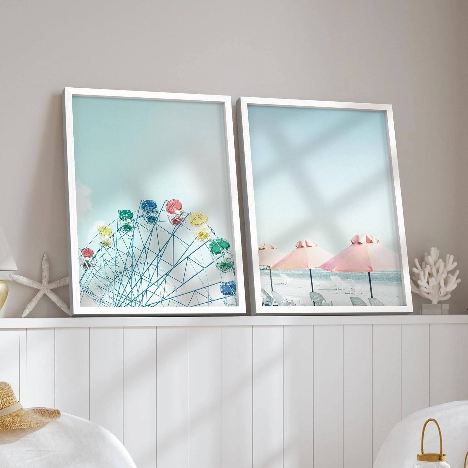 SIGNLEADER Framed Wall Art Print Carnival Ferris Wheel Beach Chairs & Umbrella Nature Photography Landscape Illustration Decorative for Living Room, Bedroom, Office - 11"x14"x2 White