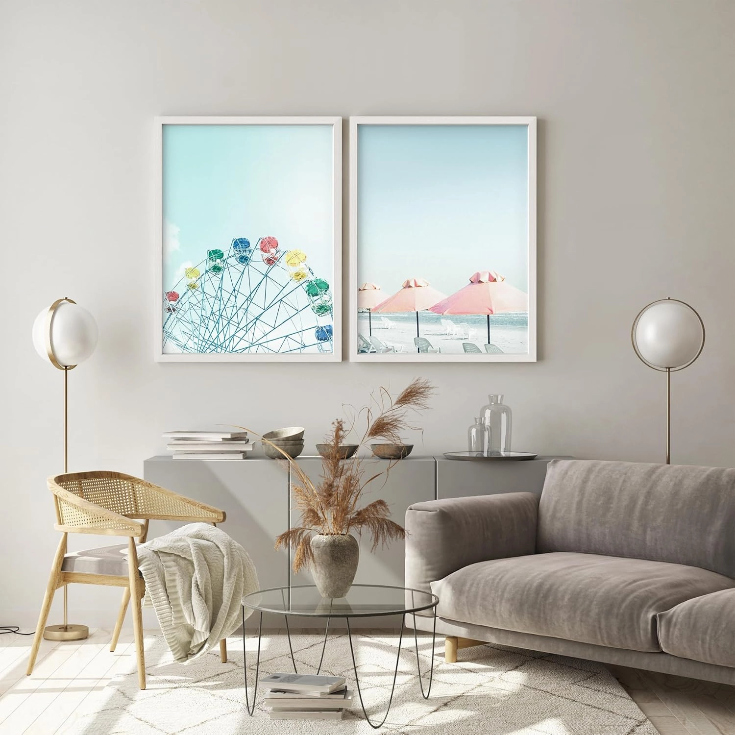 SIGNLEADER Framed Wall Art Print Carnival Ferris Wheel Beach Chairs & Umbrella Nature Photography Landscape Illustration Decorative for Living Room, Bedroom, Office - 11"x14"x2 White