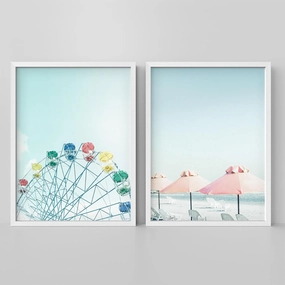 SIGNLEADER Framed Wall Art Print Carnival Ferris Wheel Beach Chairs & Umbrella Nature Photography Landscape Illustration Decorative for Living Room, Bedroom, Office - 11"x14"x2 White