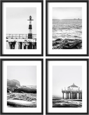 SIGNLEADER Framed Wall Art Print Gallery Set, Grayscale Beach Pier Landscapes Nature Wilderness Modern Decorative Multicolor for Living Room, Bedroom, Office - 12" x 16" x 4 Black