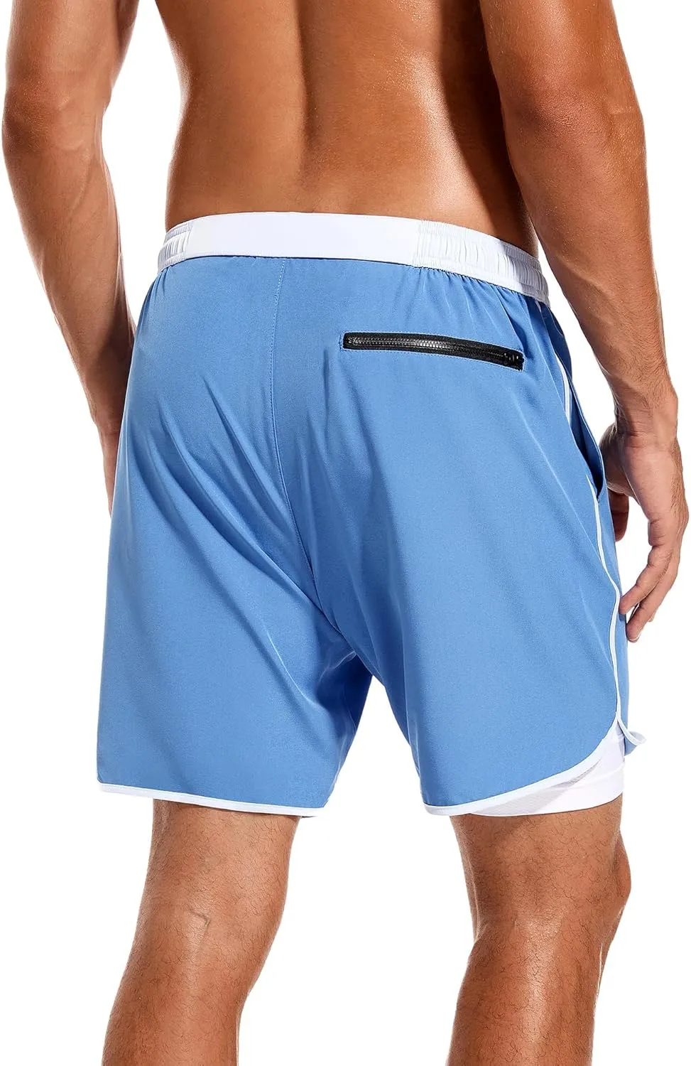SILKWORLD Mens Swim Trunks Front Zipper Fly Quick Dry Beach Shorts with Compression Liner and Back Zipper Pockets