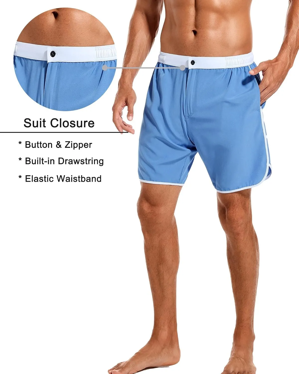 SILKWORLD Mens Swim Trunks Front Zipper Fly Quick Dry Beach Shorts with Compression Liner and Back Zipper Pockets