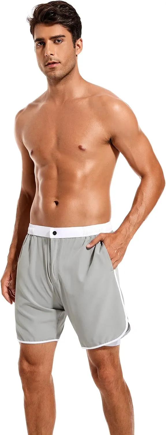 SILKWORLD Mens Swim Trunks Front Zipper Fly Quick Dry Beach Shorts with Compression Liner and Back Zipper Pockets