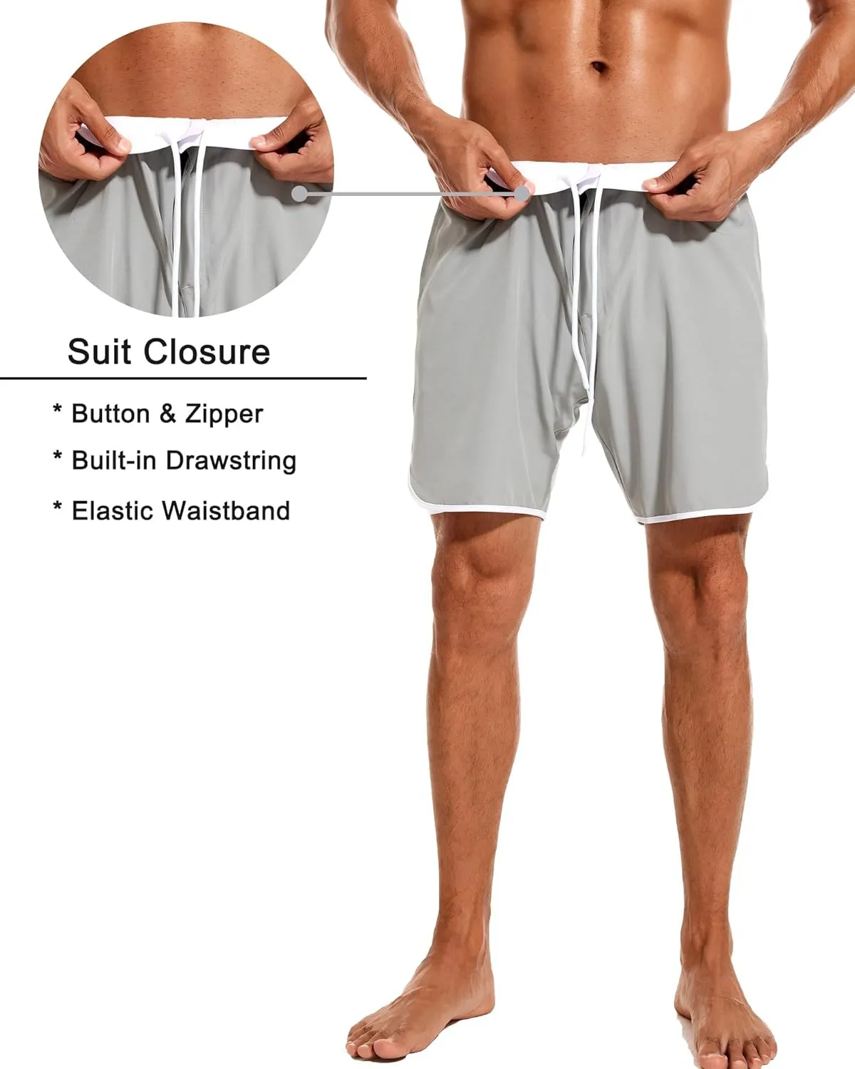 SILKWORLD Mens Swim Trunks Front Zipper Fly Quick Dry Beach Shorts with Compression Liner and Back Zipper Pockets