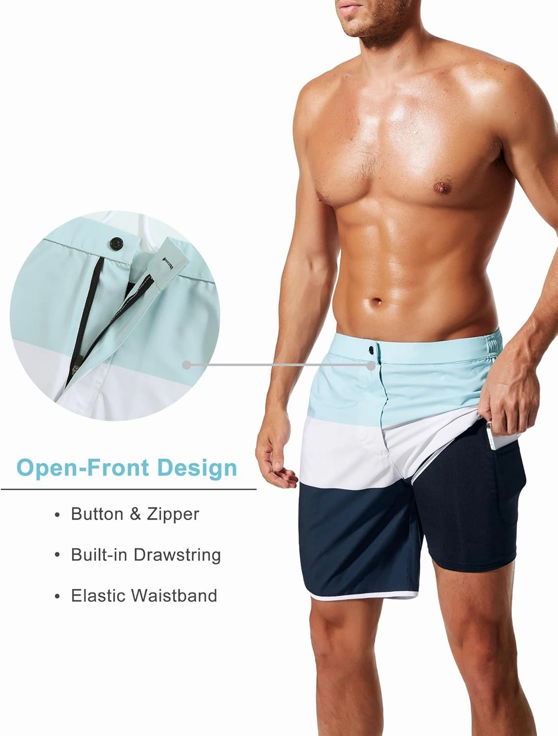 SILKWORLD Mens Swim Trunks Front Zipper Fly Quick Dry Beach Shorts with Compression Liner and Back Zipper Pockets