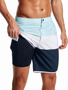 SILKWORLD Mens Swim Trunks Front Zipper Fly Quick Dry Beach Shorts with Compression Liner and Back Zipper Pockets