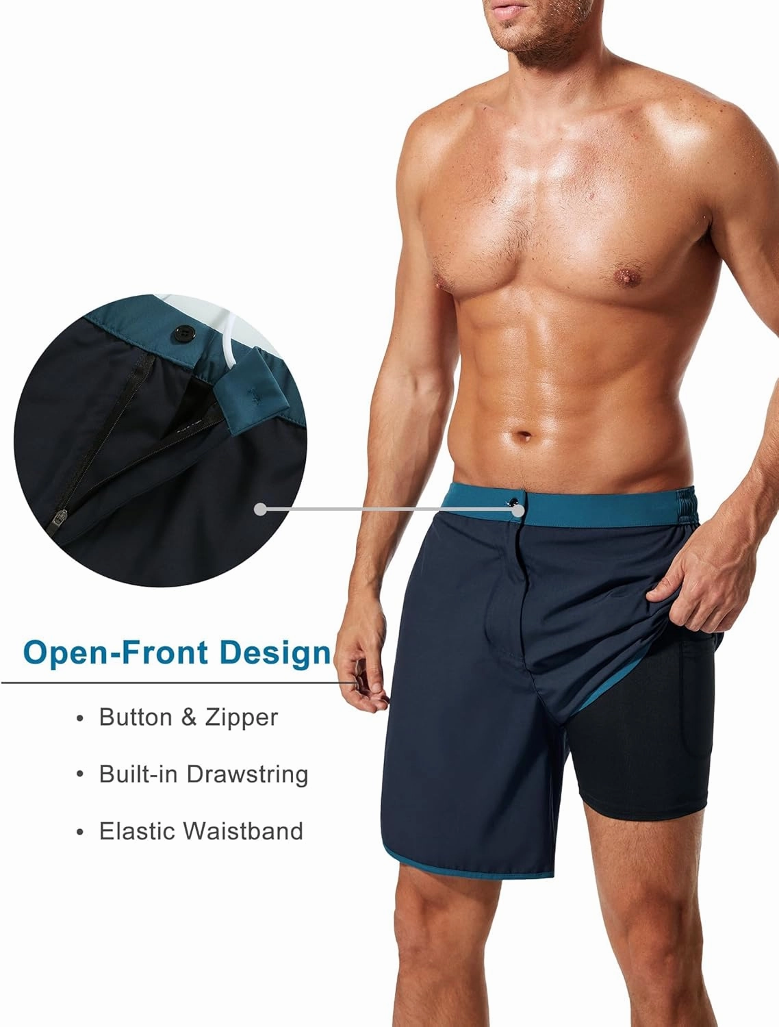 SILKWORLD Mens Swim Trunks Front Zipper Fly Quick Dry Beach Shorts with Compression Liner and Back Zipper Pockets