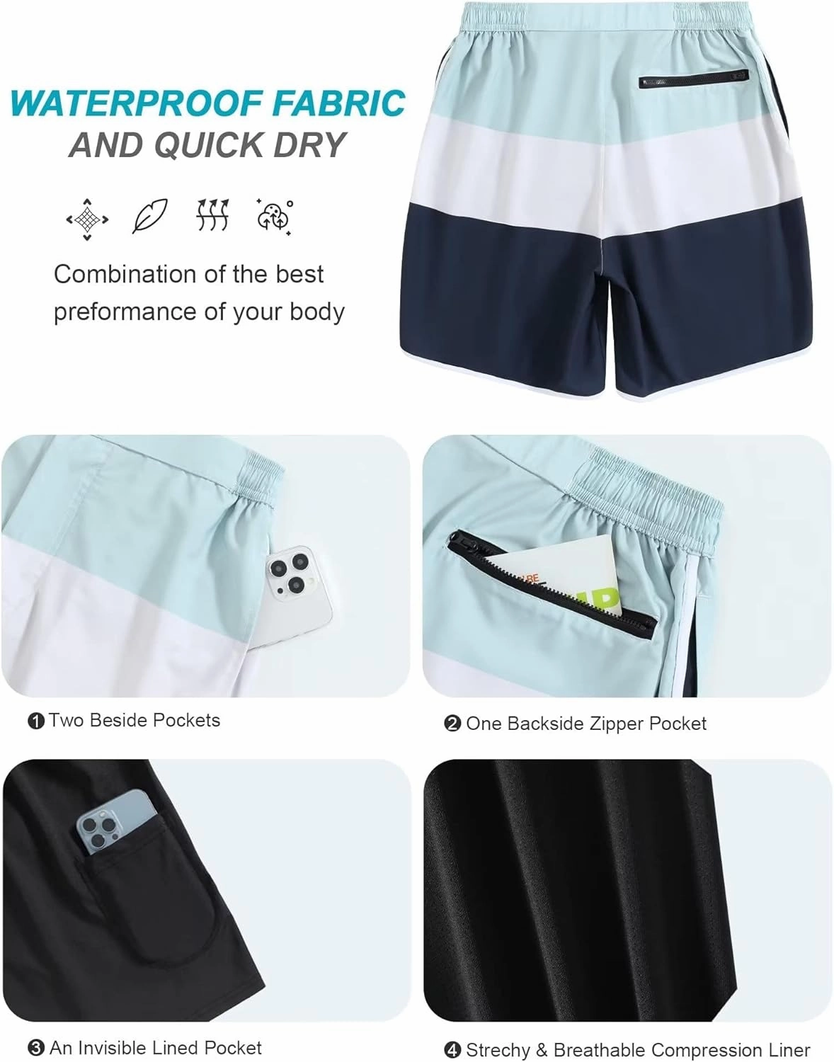 SILKWORLD Mens Swim Trunks Front Zipper Fly Quick Dry Beach Shorts with Compression Liner and Back Zipper Pockets