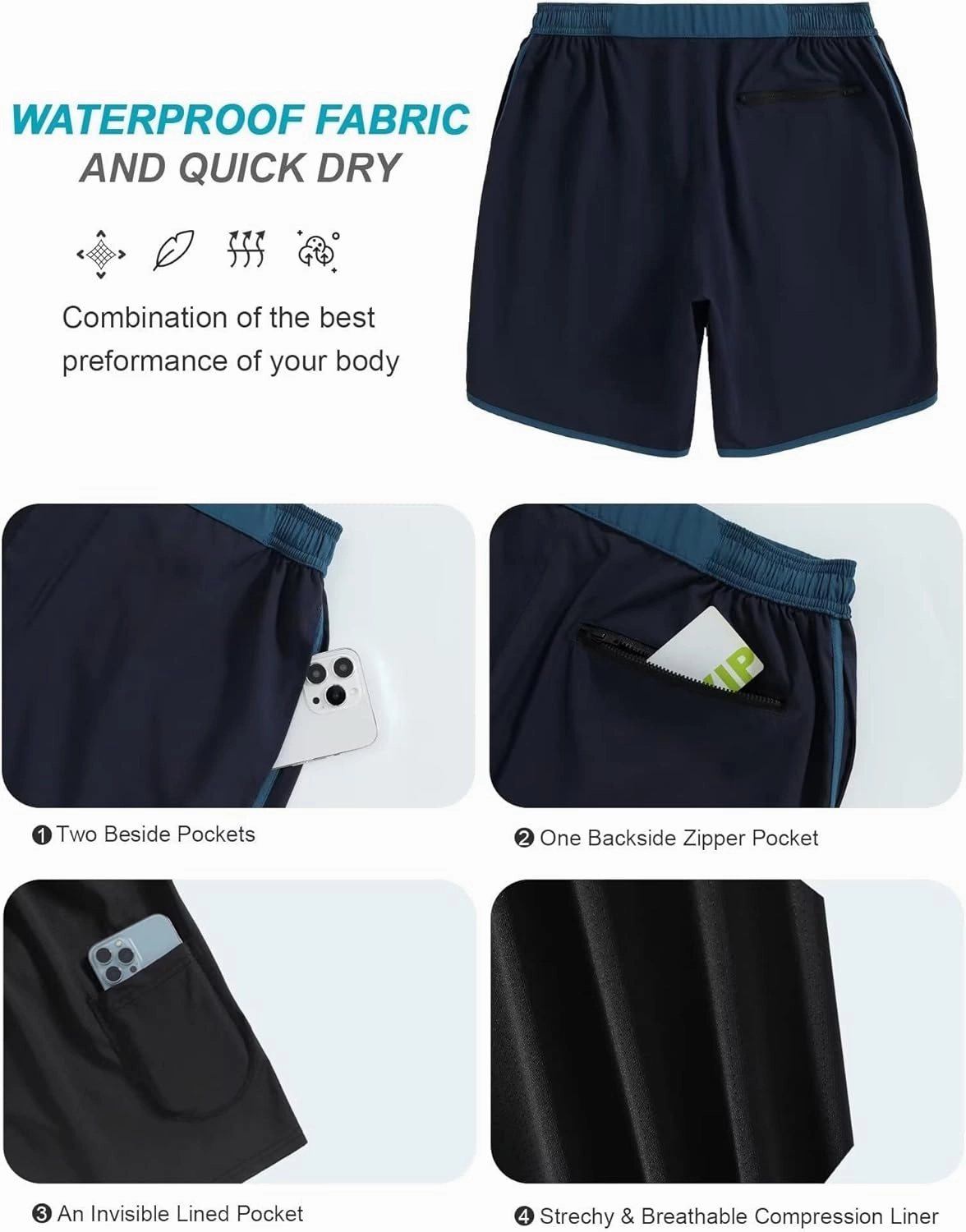 SILKWORLD Mens Swim Trunks Front Zipper Fly Quick Dry Beach Shorts with Compression Liner and Back Zipper Pockets