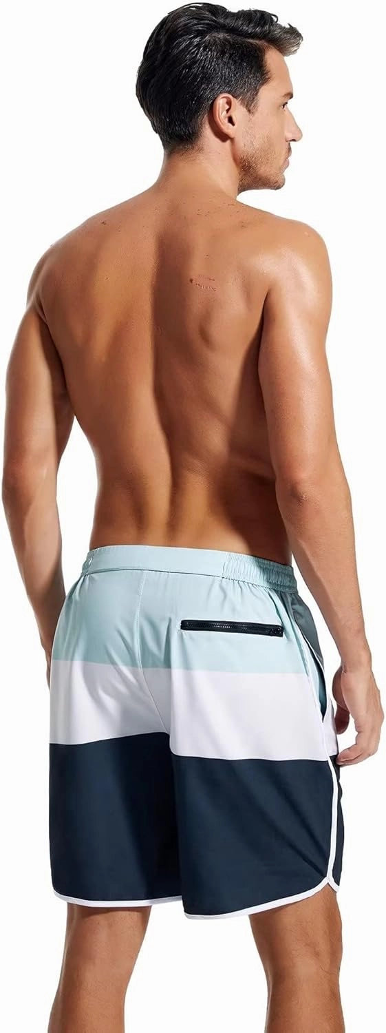 SILKWORLD Mens Swim Trunks Front Zipper Fly Quick Dry Beach Shorts with Compression Liner and Back Zipper Pockets