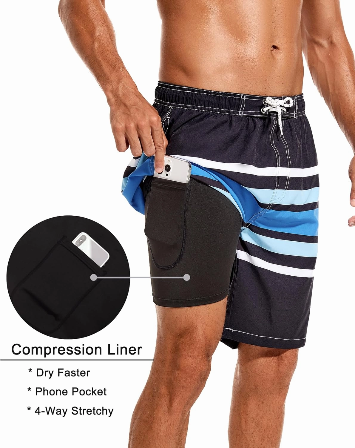 SILKWORLD Mens Swim Trunks with Compression Liner 9" Beach Board Shorts Men 2 in 1 Quick Dry Bathing Suit with Pockets