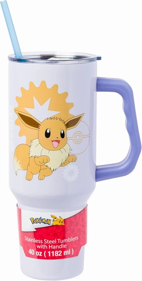 Silver Buffalo Pokemon Eevee Number 133 Normal Type Stainless Steel Tumbler with Handle and Straw, Fits in Standard Cup Holder, 40 Ounces