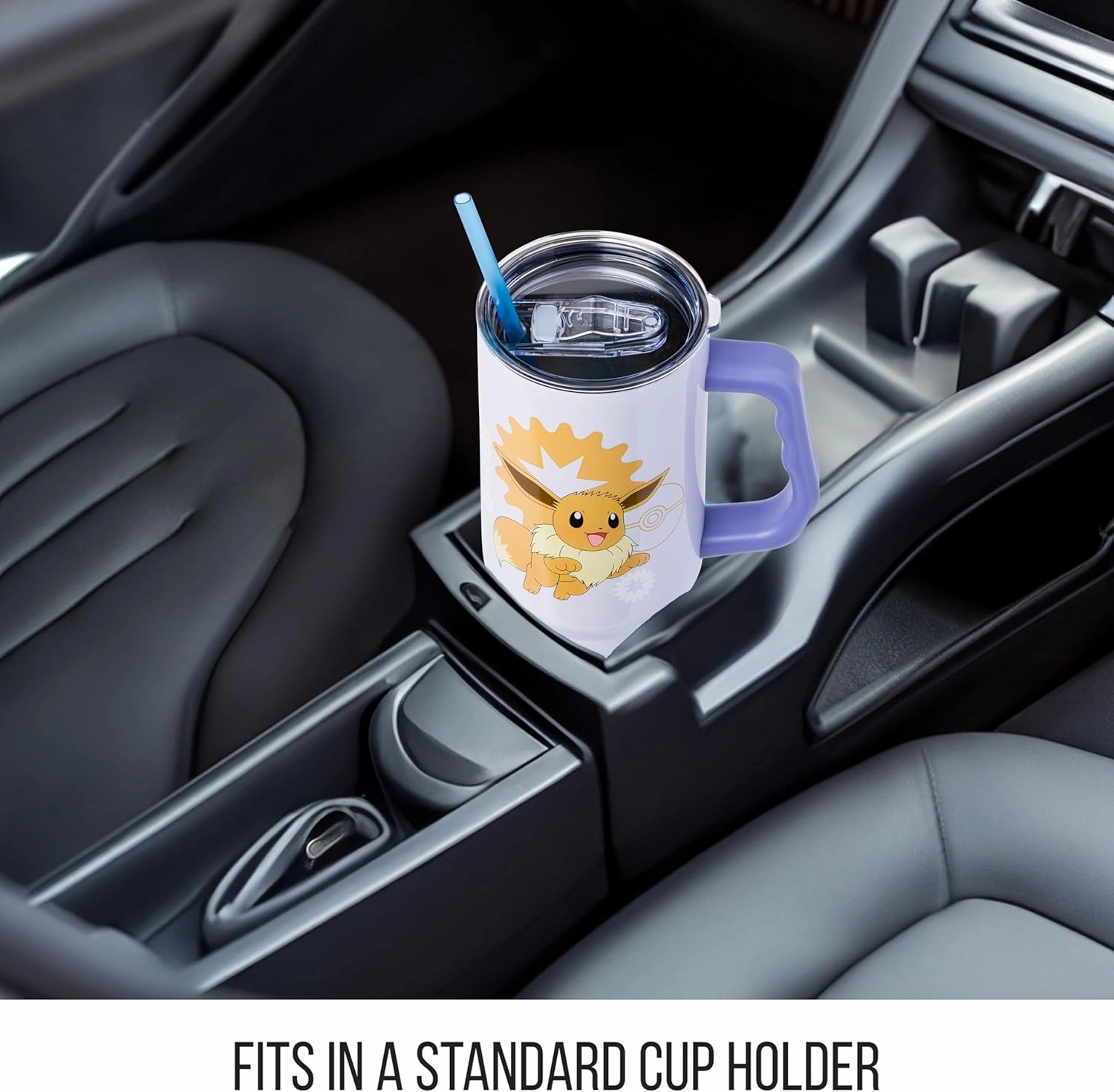 Silver Buffalo Pokemon Eevee Number 133 Normal Type Stainless Steel Tumbler with Handle and Straw, Fits in Standard Cup Holder, 40 Ounces
