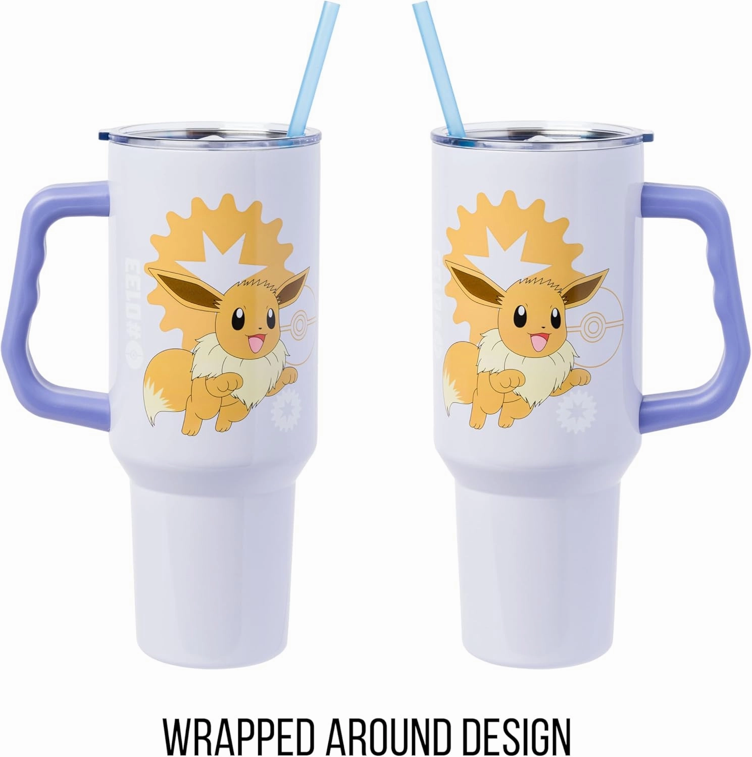 Silver Buffalo Pokemon Eevee Number 133 Normal Type Stainless Steel Tumbler with Handle and Straw, Fits in Standard Cup Holder, 40 Ounces
