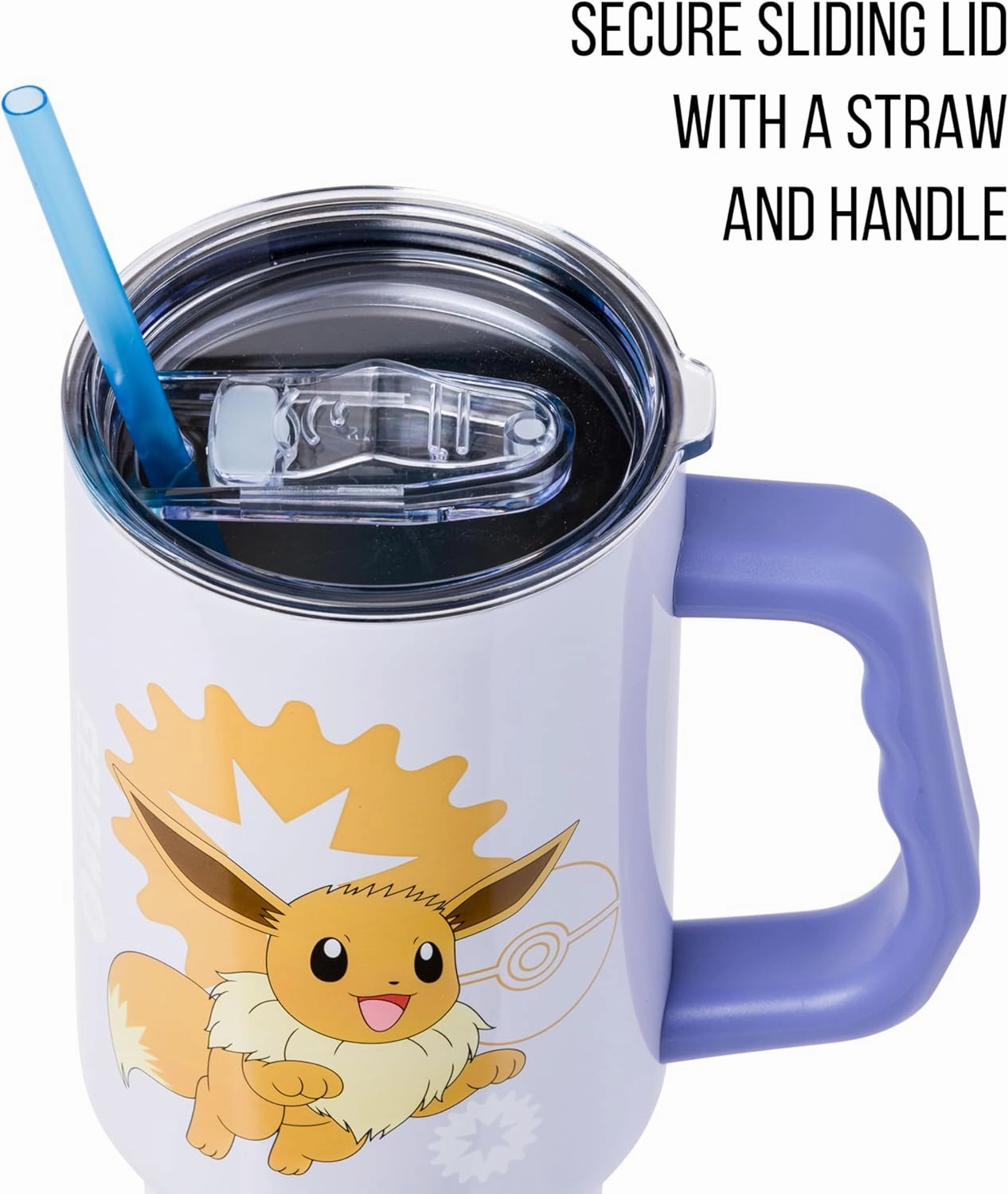 Silver Buffalo Pokemon Eevee Number 133 Normal Type Stainless Steel Tumbler with Handle and Straw, Fits in Standard Cup Holder, 40 Ounces