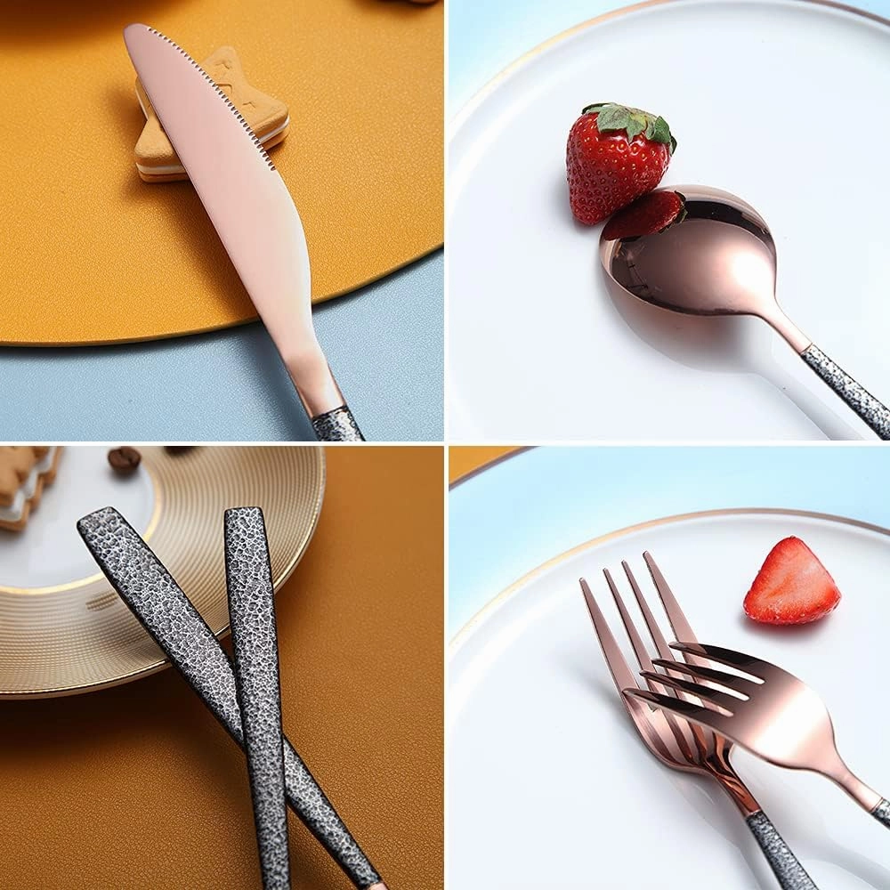 Silverware Set 20 Pieces Rose Gold Head Coating With Black Mars Handle, Stainless Steel Copper Titanium Plating Knives Spoons Forks Flatware Set Utensils Set Cutlery Set Service For 4