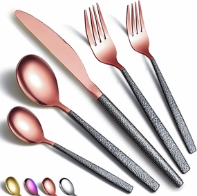 Silverware Set 20 Pieces Rose Gold Head Coating With Black Mars Handle, Stainless Steel Copper Titanium Plating Knives Spoons Forks Flatware Set Utensils Set Cutlery Set Service For 4
