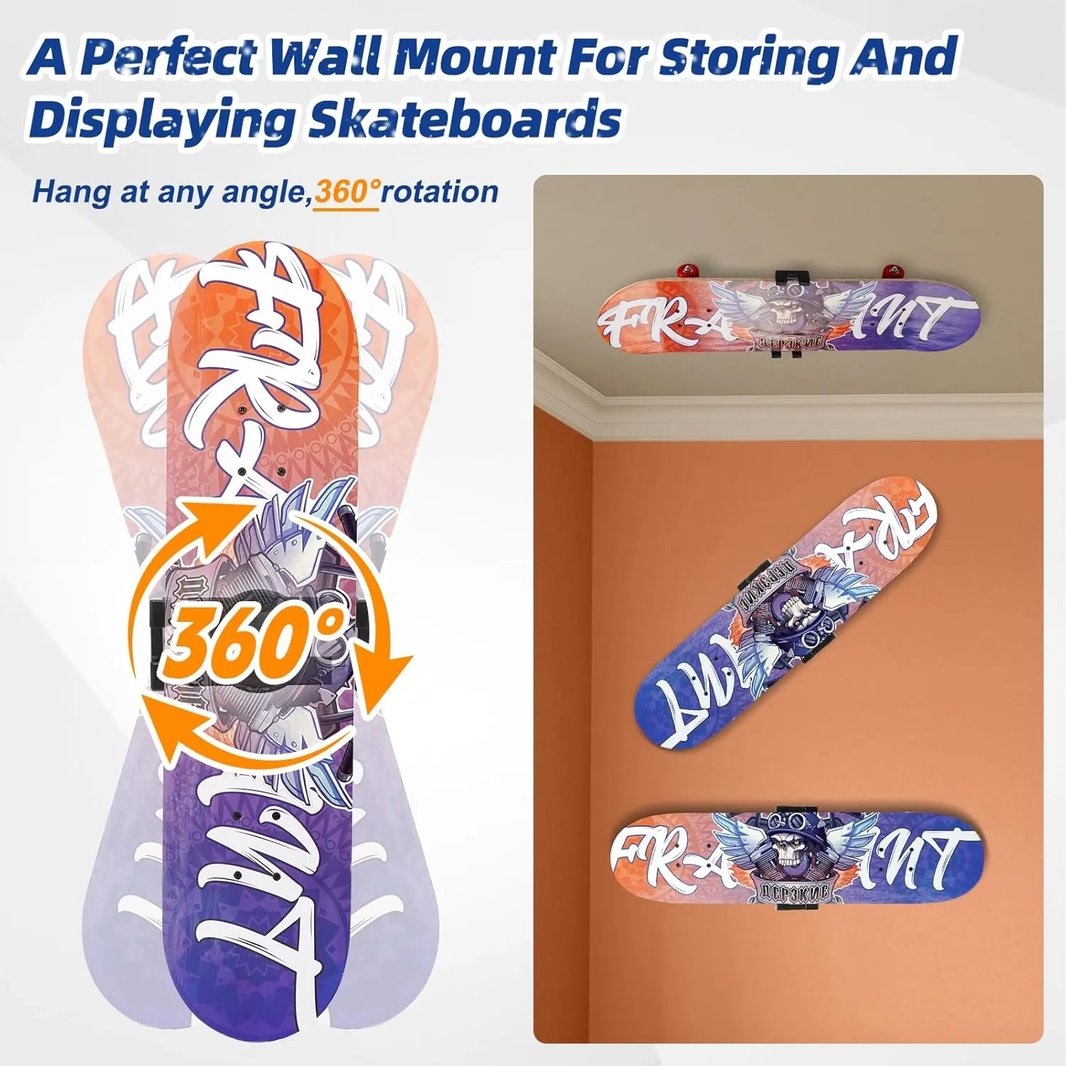 Skateboard Decks Wall Mount 360° Rotating Skateboard Wall Hanger, Extending & Floating Display Skateboard Wall Holder Grab & Go Storage Rack,Universal Skate Wall Mount Horizontal Any Angle