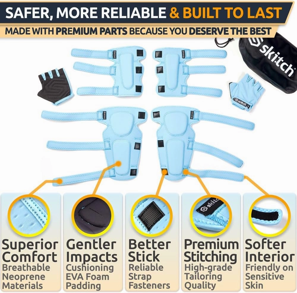 SKITCH Skateboard Protective Safety Gear Set for Kids and Teens | Premium Lycra Sport Knee Pads   Elbow Pads   Wrist Guards   Carry Bag | Scooter Roller Skate Inline Skating Rollerblading