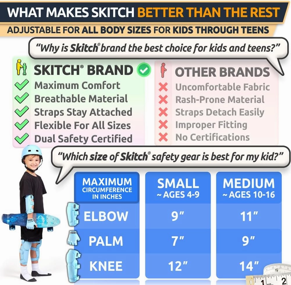 SKITCH Skateboard Protective Safety Gear Set for Kids and Teens | Premium Lycra Sport Knee Pads   Elbow Pads   Wrist Guards   Carry Bag | Scooter Roller Skate Inline Skating Rollerblading