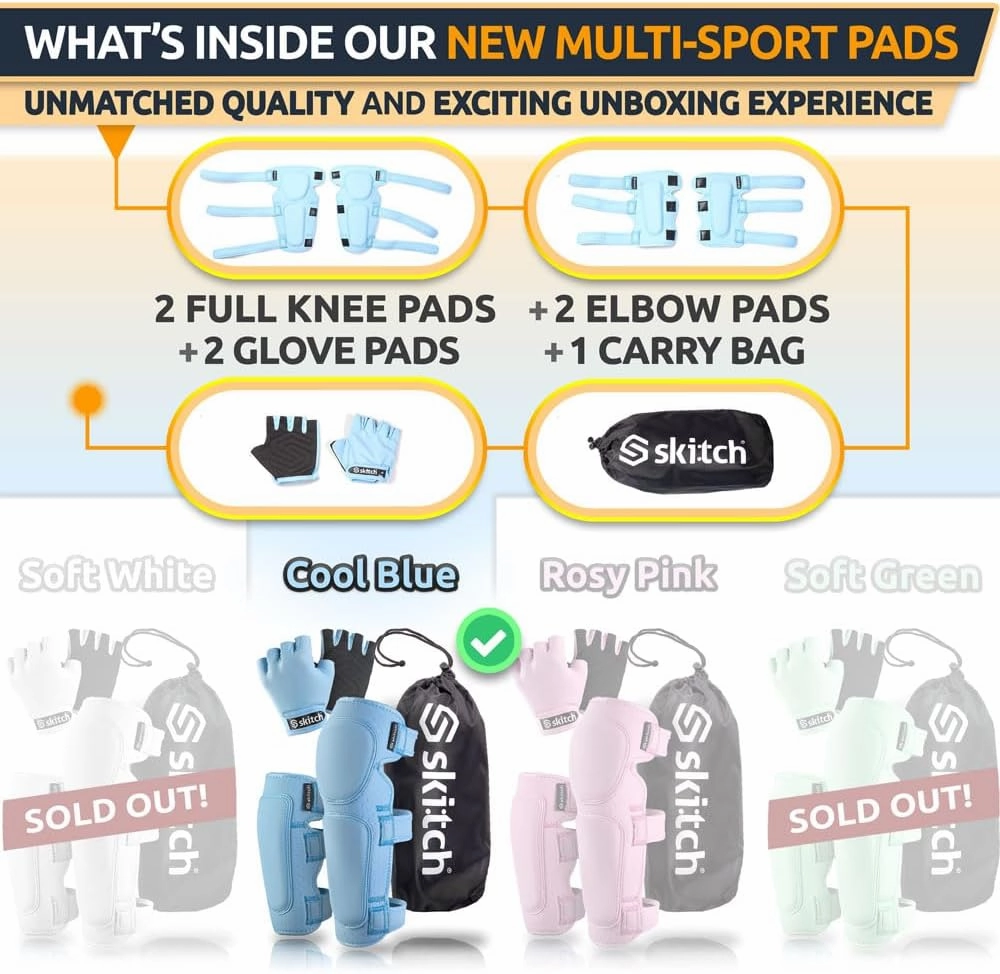 SKITCH Skateboard Protective Safety Gear Set for Kids and Teens | Premium Lycra Sport Knee Pads   Elbow Pads   Wrist Guards   Carry Bag | Scooter Roller Skate Inline Skating Rollerblading