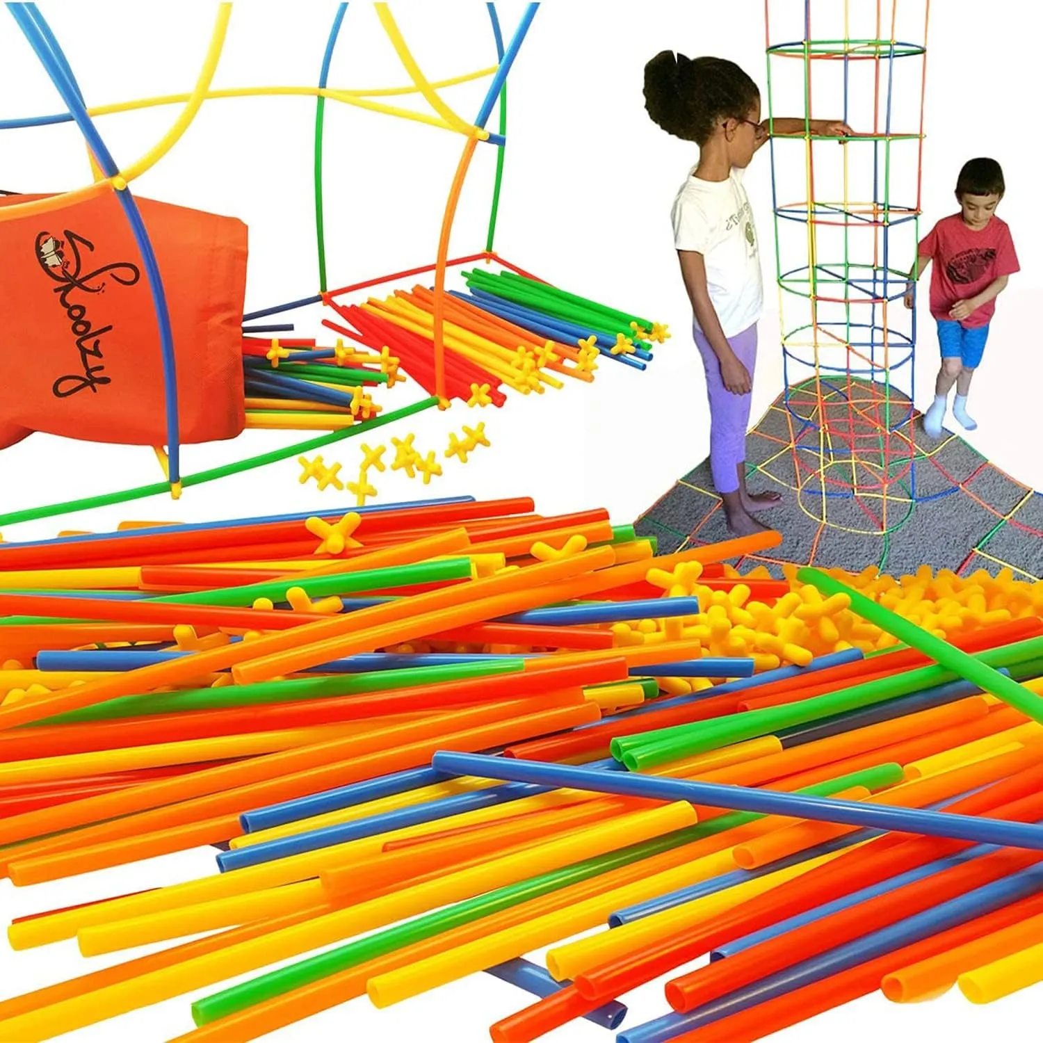 Skoolzy Straw Constructor STEM Building Toys 200  Piece Set - Durable Interlocking Plastic Educational Toys for Toddlers to Develop Fine Motor Skills Engineering Learning Building Blocks - 5 Pack