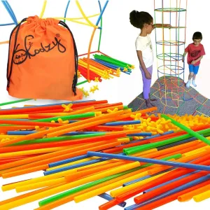 Skoolzy Straw Constructor STEM Building Toys 200  Piece Set - Durable Interlocking Plastic Educational Toys for Toddlers to Develop Fine Motor Skills Engineering Learning Building Blocks - 5 Pack