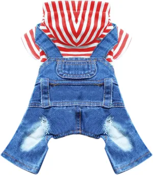 Small Dog Hoodie Clothes Cute Stripe Shirts Denim Jumpsuit One-Piece Outfit for Small Medium Dogs Cats Boy Girl Chihuahua Blue Jeans Overalls Puppy Costume (Red,XL)