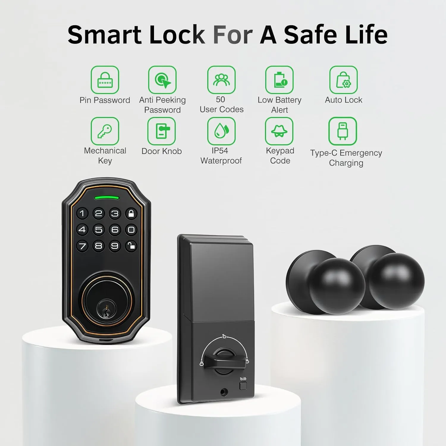Smart Keyless Entry Door Lock with 2 Knobs,Front Door lock Handle Set,Electronic Digital Keypad Deadbolt,Auto Lock,50 User Codes,Voice Prompts,Anti-Peeking Password,Home, Apartment,Satin Nickel
