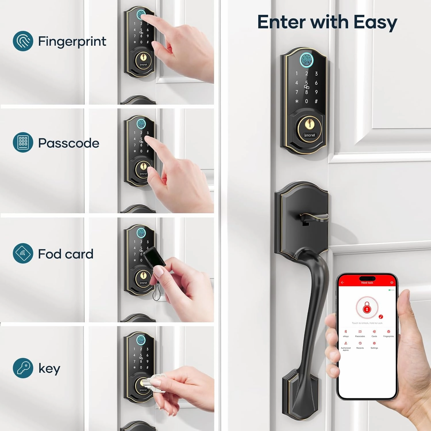 Smart Door Lock with Handle Set: SMONET Front Door Lock Set Keyless Entry, Fingerprint Keypad Bluetooth Alexa Deadbolt Lockset Suitables for Rental Management and Smart Home Residents ﻿
