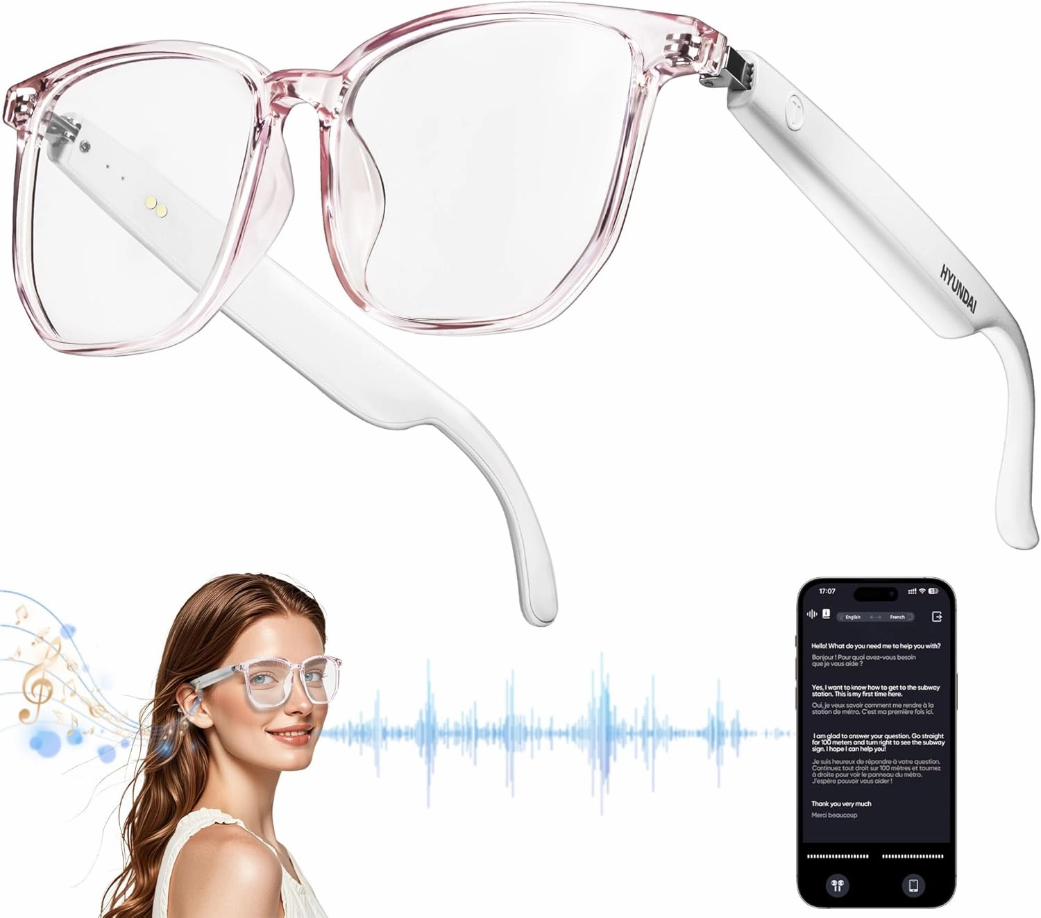 Smart Glasses with AI,Bluetooth Glasses with 110  Translation,Smart Glasses for Men&Woman,Multifunctional Bluetooth Glasses for Men (White)
